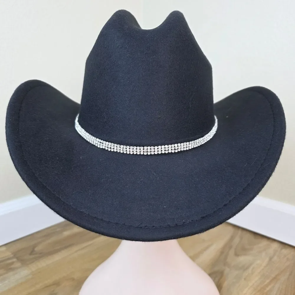 ☔️🩵Black & Rhinestone Band Wide Brim Cowgirl Hat Medium - Picture 8 of 15
